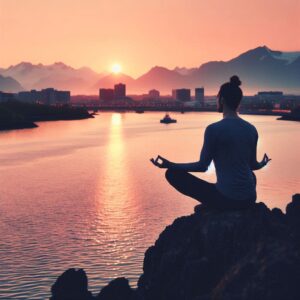 L’immagine che hai inviato mostra una persona seduta su una roccia in posizione meditativa con lo sfondo di un tramonto su un corpo d’acqua, forse un fiume o un lago, con montagne e edifici silhouettati contro il cielo arancione. La scena trasmette una sensazione di tranquillità e potrebbe essere rilevante per argomenti legati alla meditazione, al benessere o alla natura